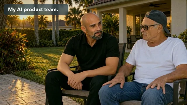 Film frame showing Joseph with his father, captioned My AI product team