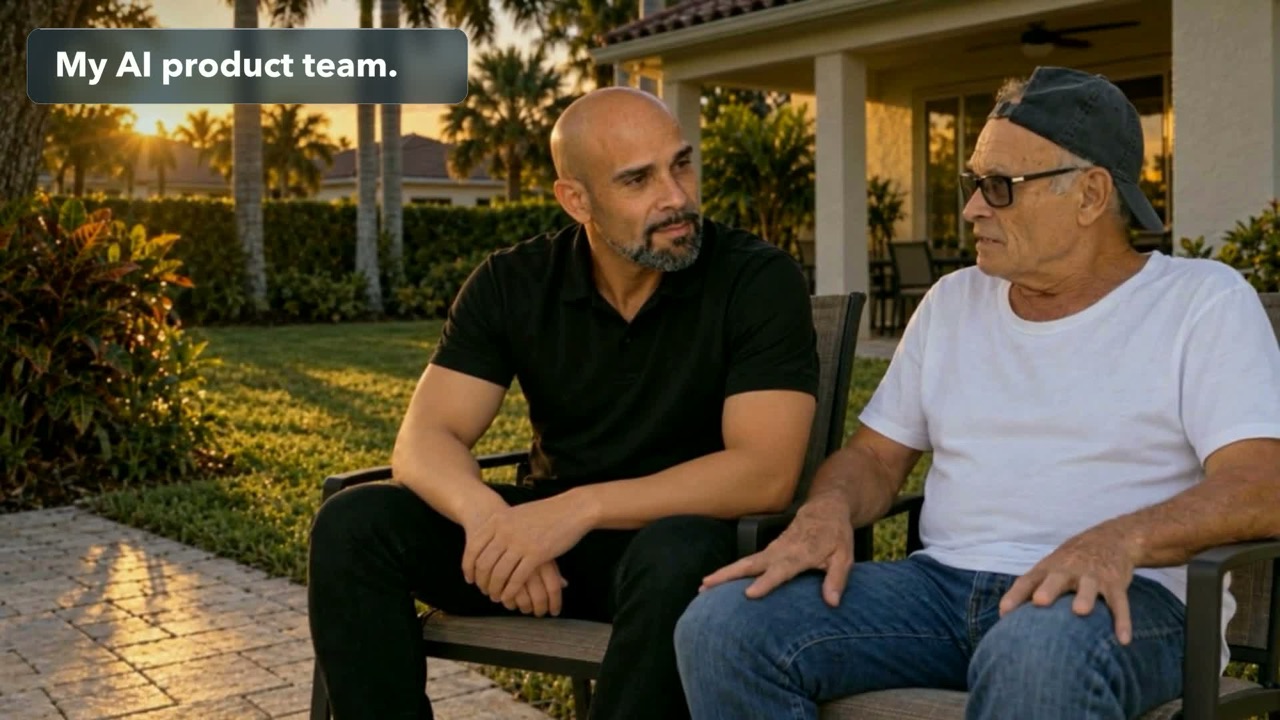 Film frame showing Joseph with his father, captioned My AI product team
